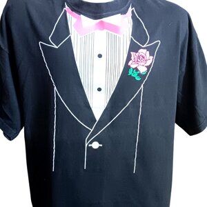 XXL Vtg Tuxedo T-Shirt Hanes Beefy-T Black 2XL With Pink Rose Graphic Y2K